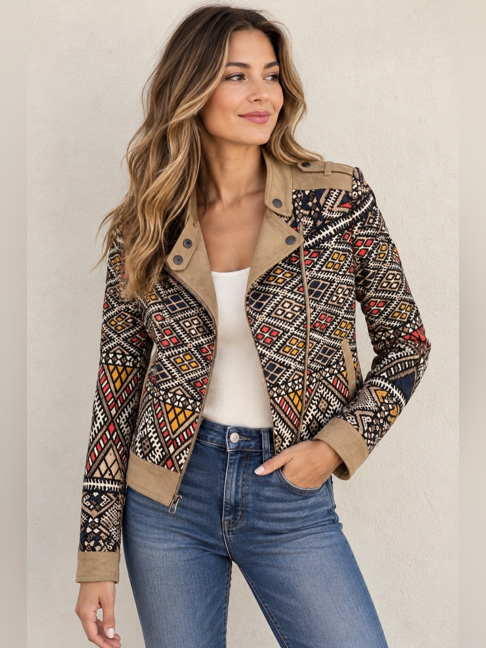 BCBGMAXAZRIA Ziggy Tribal Moto Jacket Geometric Tan Multicolor XS